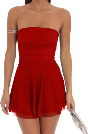 GOKATOSAU Women's Summer Ruffle Hem Sheer Mesh Strapless Tube Bodycon Ruched Flowy Mini Dress
