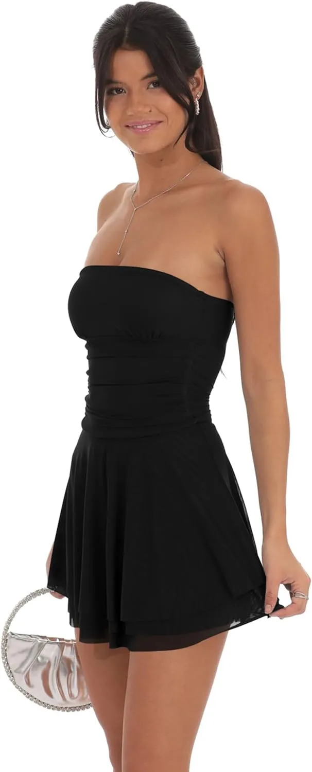 GOKATOSAU Women's Summer Ruffle Hem Sheer Mesh Strapless Tube Bodycon Ruched Flowy Mini Dress