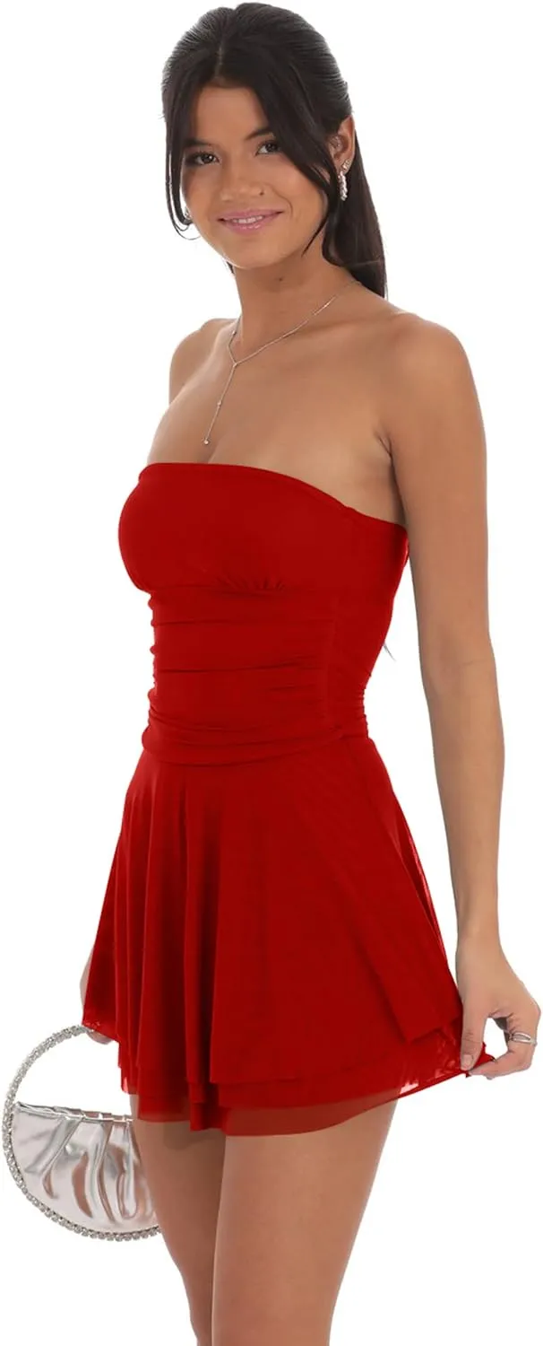 GOKATOSAU Women's Summer Ruffle Hem Sheer Mesh Strapless Tube Bodycon Ruched Flowy Mini Dress