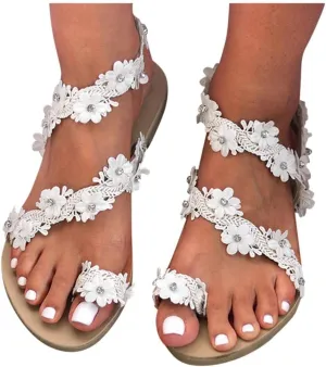 Hbeylia Boho Flat Sandals for Women,Rhinestones Pearl Design Toe Ring Jeweled Sandals Slip On Casual Beach Shoes for Wedding Bride Bridesmaid Ladies