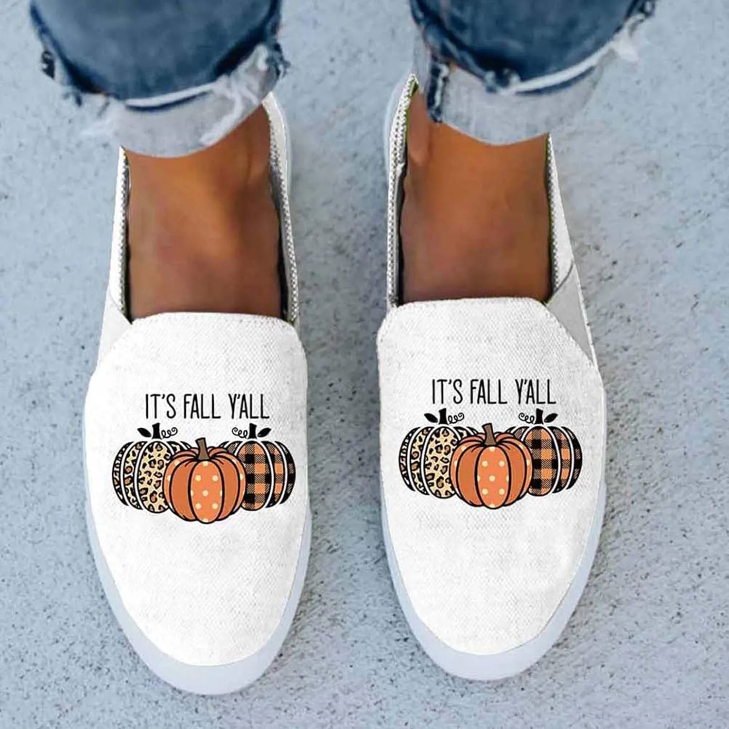 Hbeylia Halloween Decoration Platform Slip On Loafers Walking Shoes It Is Fall Y'All Pumpkin Design Chunky Bottom High Heels Low Top Canvas Shoes Plaid Non Slip Slip-On Flats For Women Girls Party