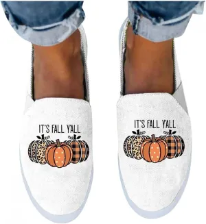 Hbeylia Halloween Decoration Platform Slip On Loafers Walking Shoes It Is Fall Y'All Pumpkin Design Chunky Bottom High Heels Low Top Canvas Shoes Plaid Non Slip Slip-On Flats For Women Girls Party
