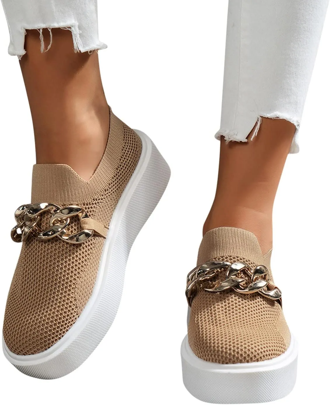 Hbeylia Platform Fashion Sneakers for Women Casual Breathable Mesh Air Metal Chain Design Round Toe Chunky Bottom High Heels Low Top Canvas Shoes Slip On Flats Walking Shoes Play Sneakers Loafers