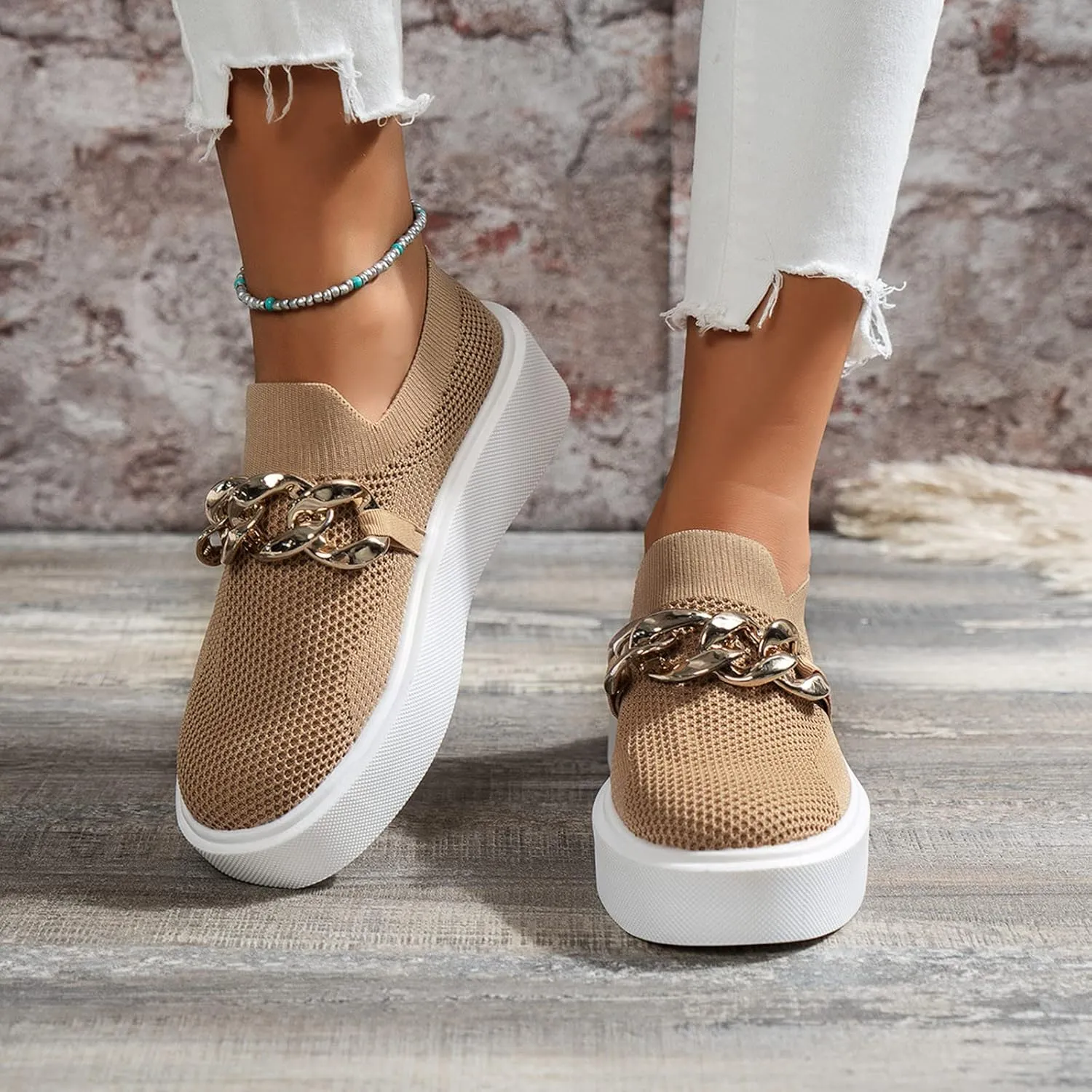 Hbeylia Platform Fashion Sneakers for Women Casual Breathable Mesh Air Metal Chain Design Round Toe Chunky Bottom High Heels Low Top Canvas Shoes Slip On Flats Walking Shoes Play Sneakers Loafers