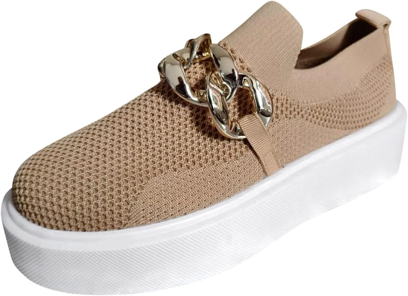 Hbeylia Platform Fashion Sneakers for Women Casual Breathable Mesh Air Metal Chain Design Round Toe Chunky Bottom High Heels Low Top Canvas Shoes Slip On Flats Walking Shoes Play Sneakers Loafers