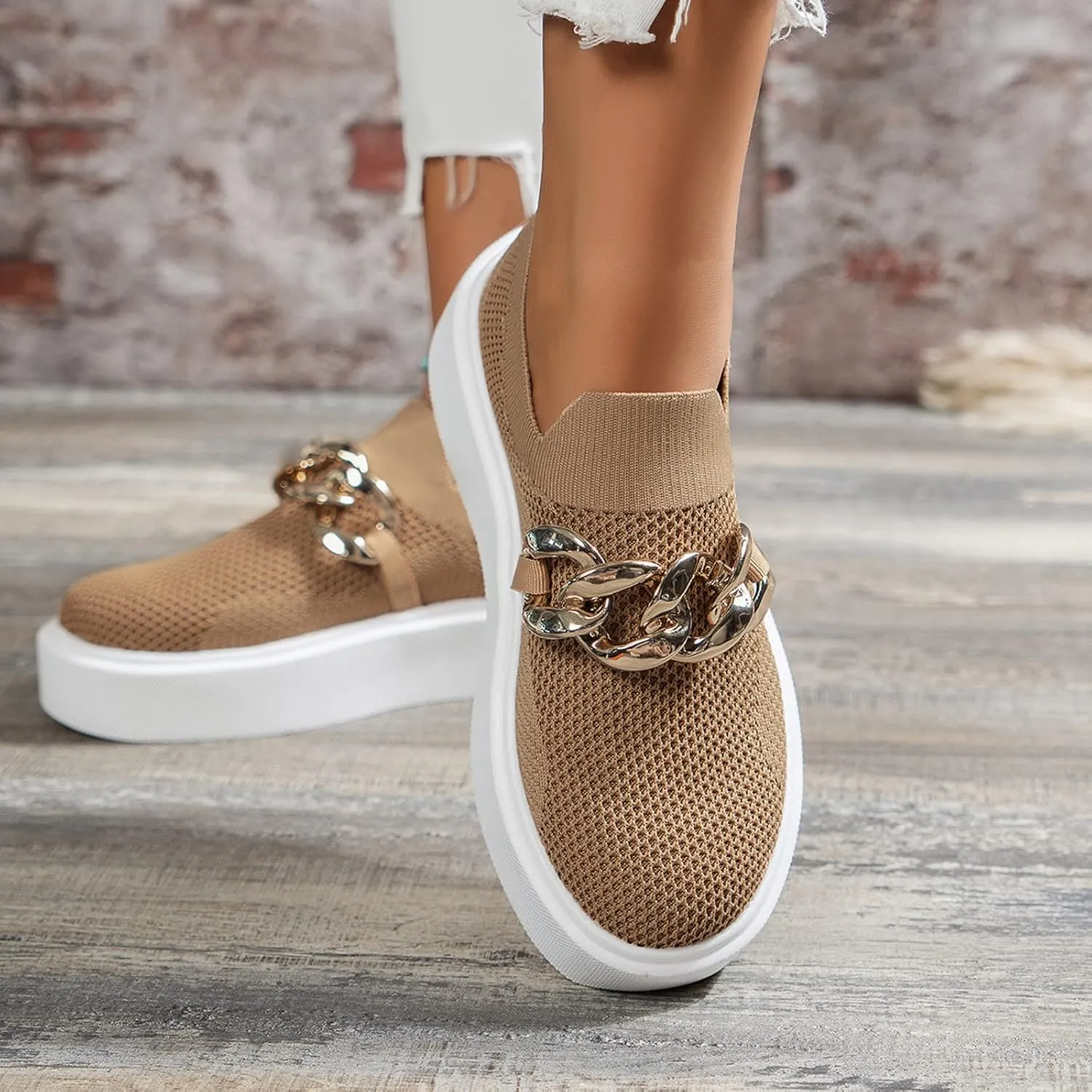Hbeylia Platform Fashion Sneakers for Women Casual Breathable Mesh Air Metal Chain Design Round Toe Chunky Bottom High Heels Low Top Canvas Shoes Slip On Flats Walking Shoes Play Sneakers Loafers