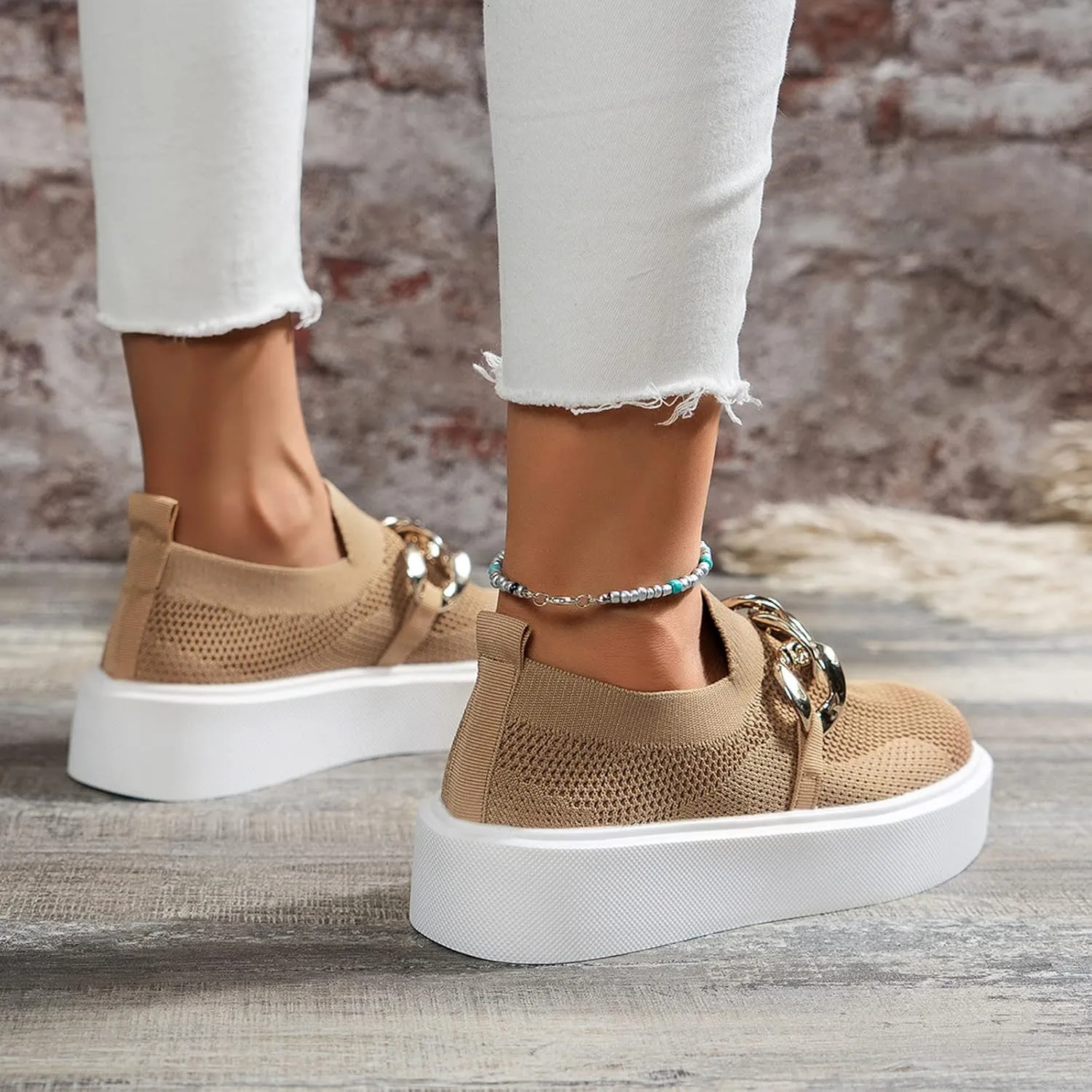 Hbeylia Platform Fashion Sneakers for Women Casual Breathable Mesh Air Metal Chain Design Round Toe Chunky Bottom High Heels Low Top Canvas Shoes Slip On Flats Walking Shoes Play Sneakers Loafers