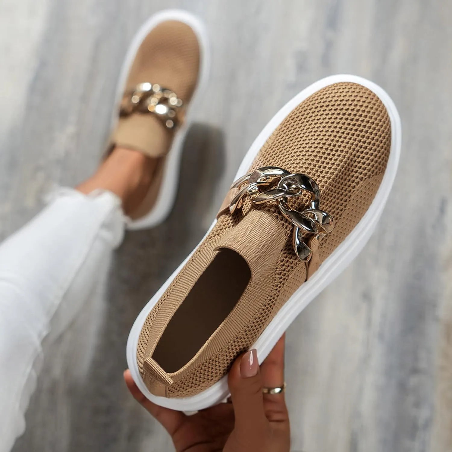 Hbeylia Platform Fashion Sneakers for Women Casual Breathable Mesh Air Metal Chain Design Round Toe Chunky Bottom High Heels Low Top Canvas Shoes Slip On Flats Walking Shoes Play Sneakers Loafers