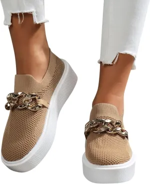 Hbeylia Platform Fashion Sneakers for Women Casual Breathable Mesh Air Metal Chain Design Round Toe Chunky Bottom High Heels Low Top Canvas Shoes Slip On Flats Walking Shoes Play Sneakers Loafers
