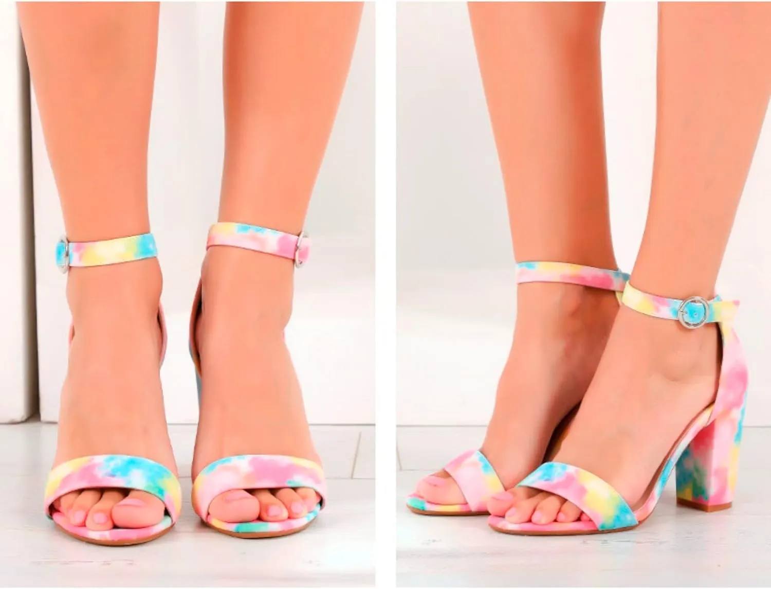 Hbeylia Women's Tie Dye High Heel Sandals Casual Summer Open Toe Chunky Heel Ankle Strap Shoes Block High Heel Dress Sandals