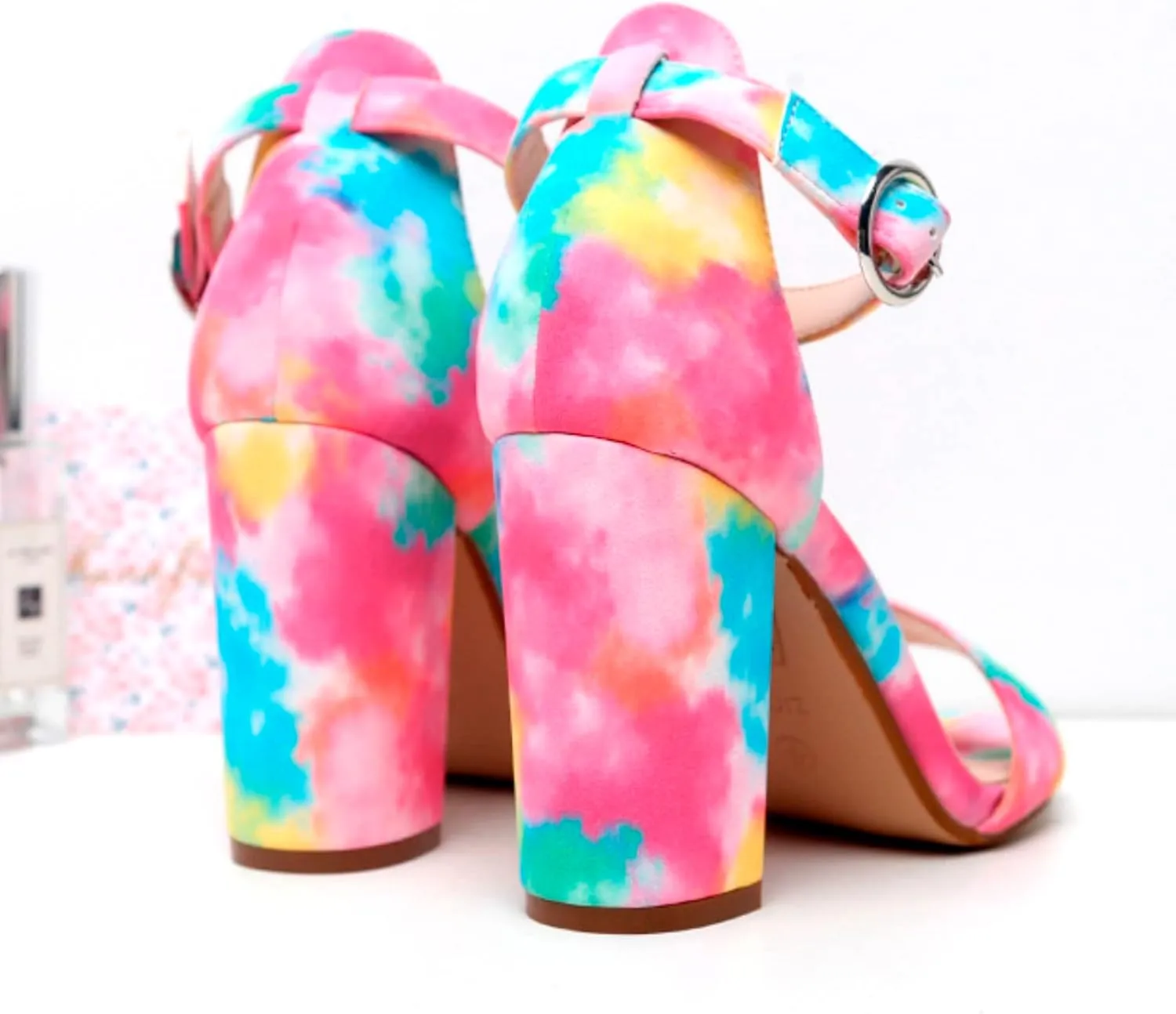 Hbeylia Women's Tie Dye High Heel Sandals Casual Summer Open Toe Chunky Heel Ankle Strap Shoes Block High Heel Dress Sandals
