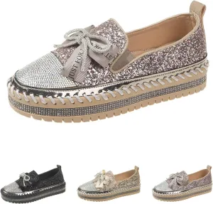 Hopomart YHEROHG Women's Platform Rhinestones Cute Bow Slip on Sneaker,Casual Fashion Platform Dress Shoe Loafers