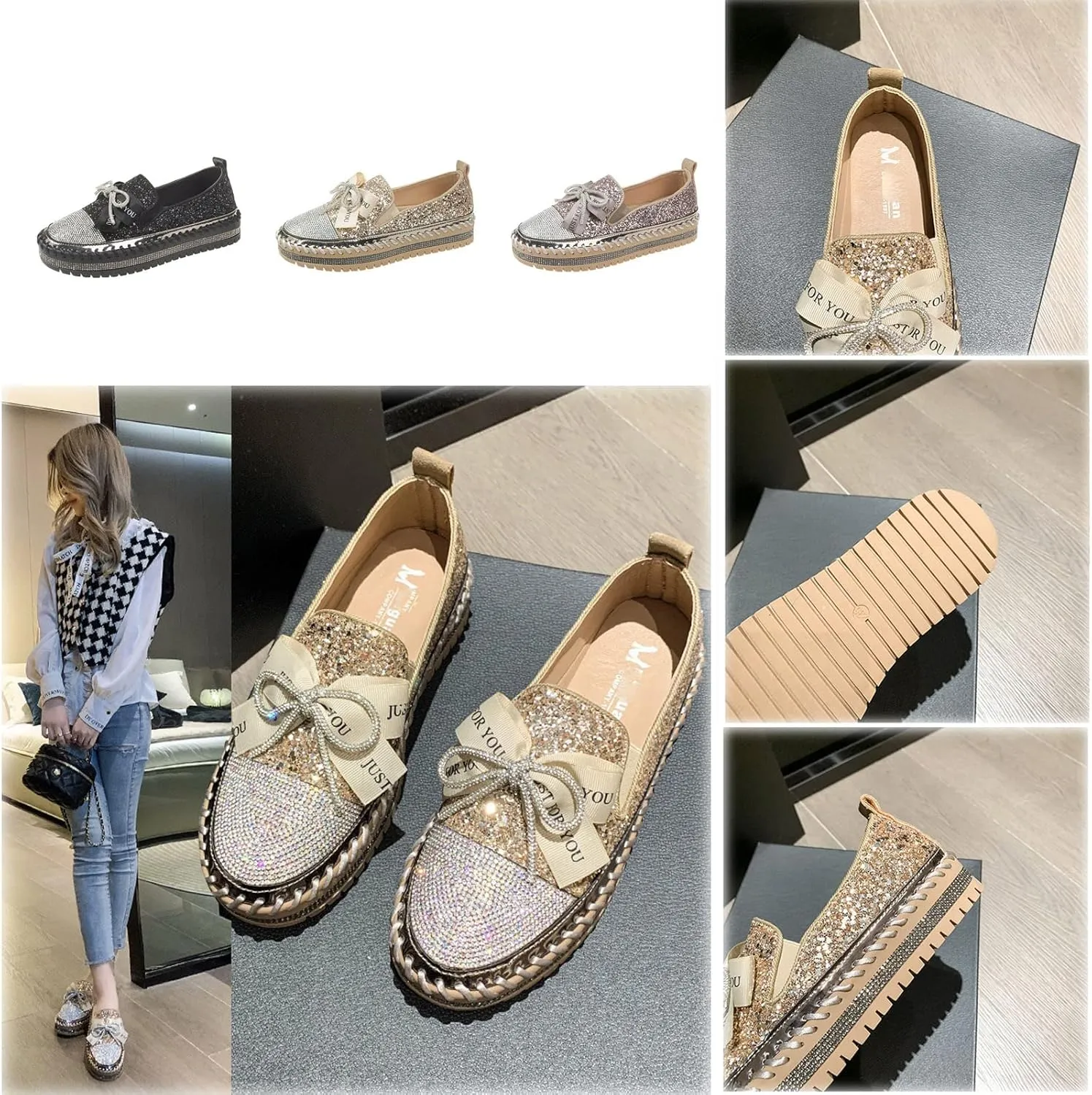 Hopomart YHEROHG Women's Platform Rhinestones Cute Bow Slip on Sneaker,Casual Fashion Platform Dress Shoe Loafers
