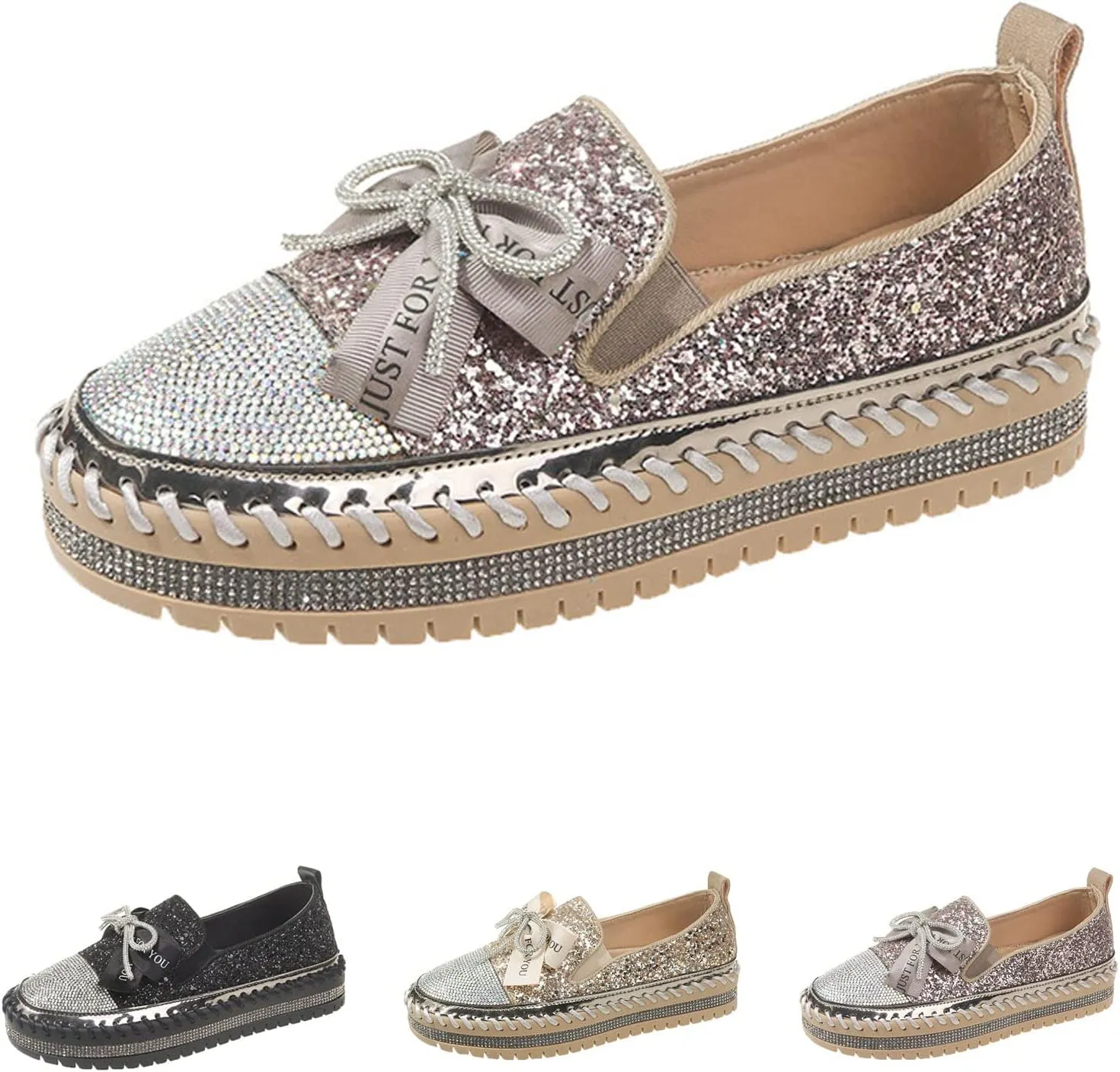 Hopomart YHEROHG Women's Platform Rhinestones Cute Bow Slip on Sneaker,Casual Fashion Platform Dress Shoe Loafers