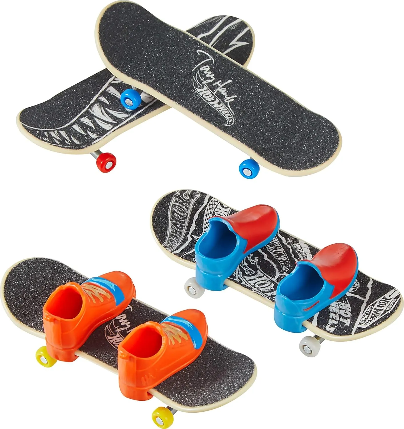 Hot Wheels Skate Tony Hawk Fingerboard & Removable Skate Shoes Multipack, 4 Fully Assembled Boards, 2 Pairs of Skate Shoes, 1 Exclusive Set (Styles May Vary)