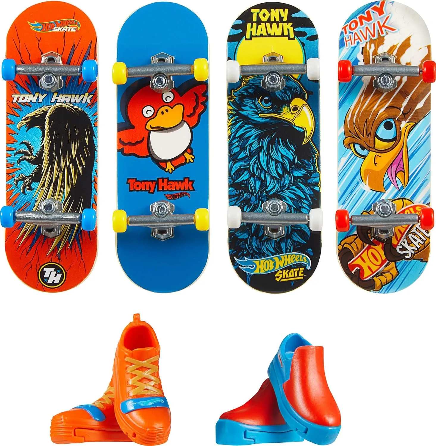 Hot Wheels Skate Tony Hawk Fingerboard & Removable Skate Shoes Multipack, 4 Fully Assembled Boards, 2 Pairs of Skate Shoes, 1 Exclusive Set (Styles May Vary)