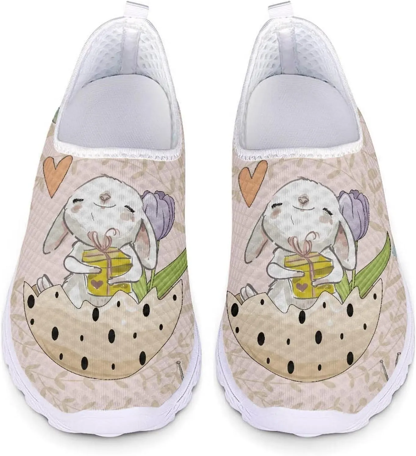HUIACONG Easter Rabbit Egg Flat for Womens Slip On Tennis Shoes Beige Lightweight Casual Running Sneakers for Ladies Teen Girls Gym Workout Shoes Size 8 Comfortable Walking Shoes