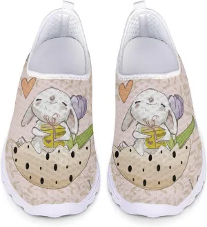 HUIACONG Easter Rabbit Egg Flat for Womens Slip On Tennis Shoes Beige Lightweight Casual Running Sneakers for Ladies Teen Girls Gym Workout Shoes Size 8 Comfortable Walking Shoes