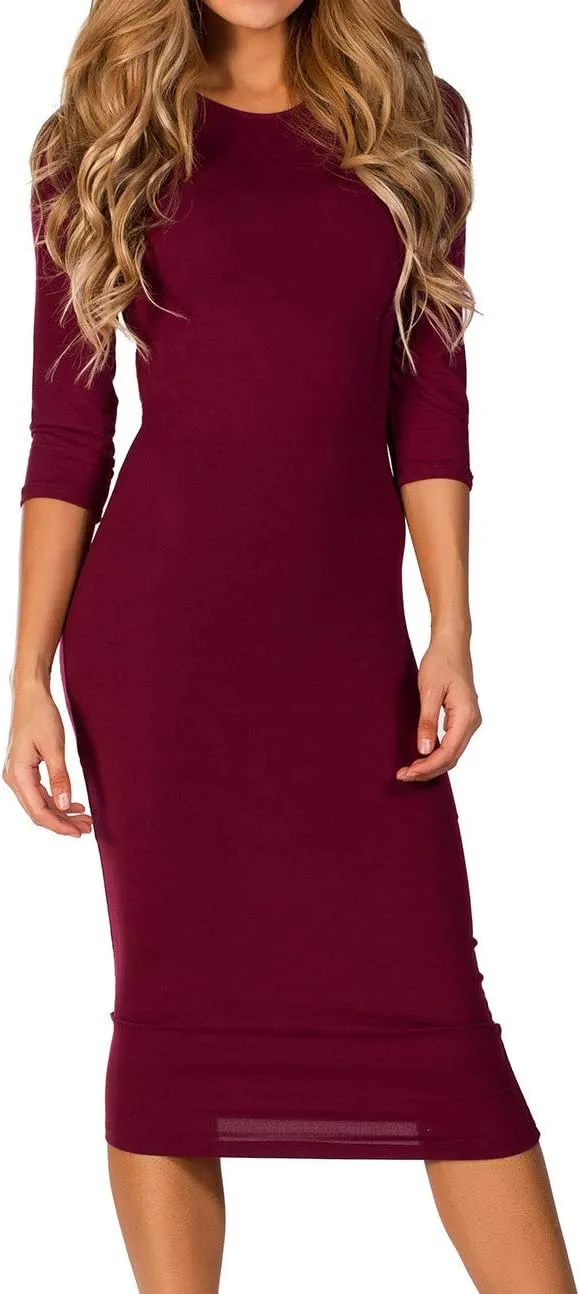 ICONOFLASH Women's 3/4 Sleeves Midi Bodycon Dress Crew Neck Fitted Dresses with Plus Size Options