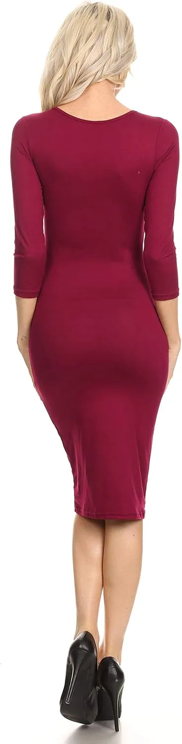 ICONOFLASH Women's 3/4 Sleeves Midi Bodycon Dress Crew Neck Fitted Dresses with Plus Size Options