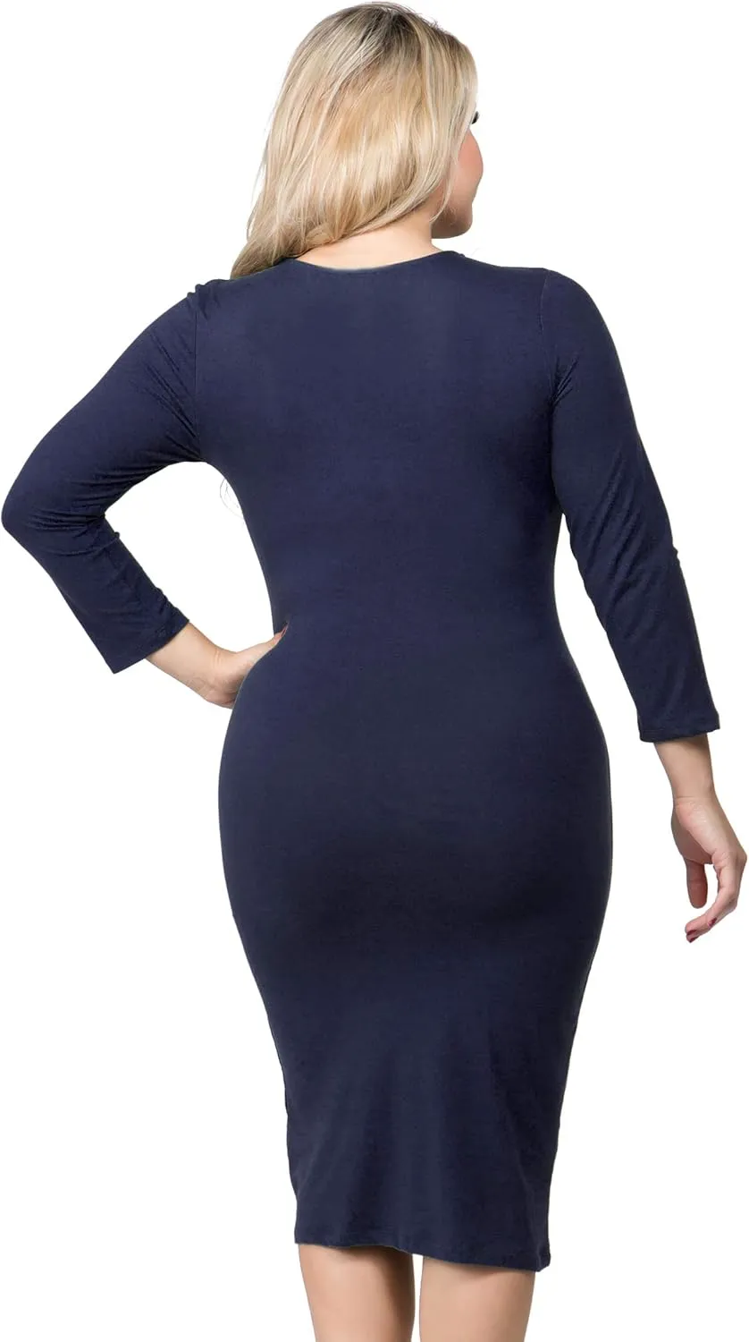 ICONOFLASH Women's 3/4 Sleeves Midi Bodycon Dress Crew Neck Fitted Dresses with Plus Size Options