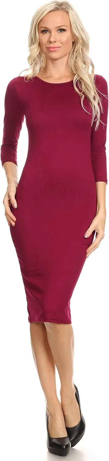 ICONOFLASH Women's 3/4 Sleeves Midi Bodycon Dress Crew Neck Fitted Dresses with Plus Size Options