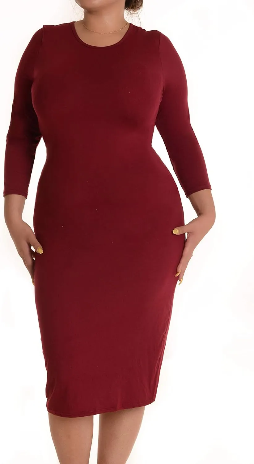 ICONOFLASH Women's 3/4 Sleeves Midi Bodycon Dress Crew Neck Fitted Dresses with Plus Size Options
