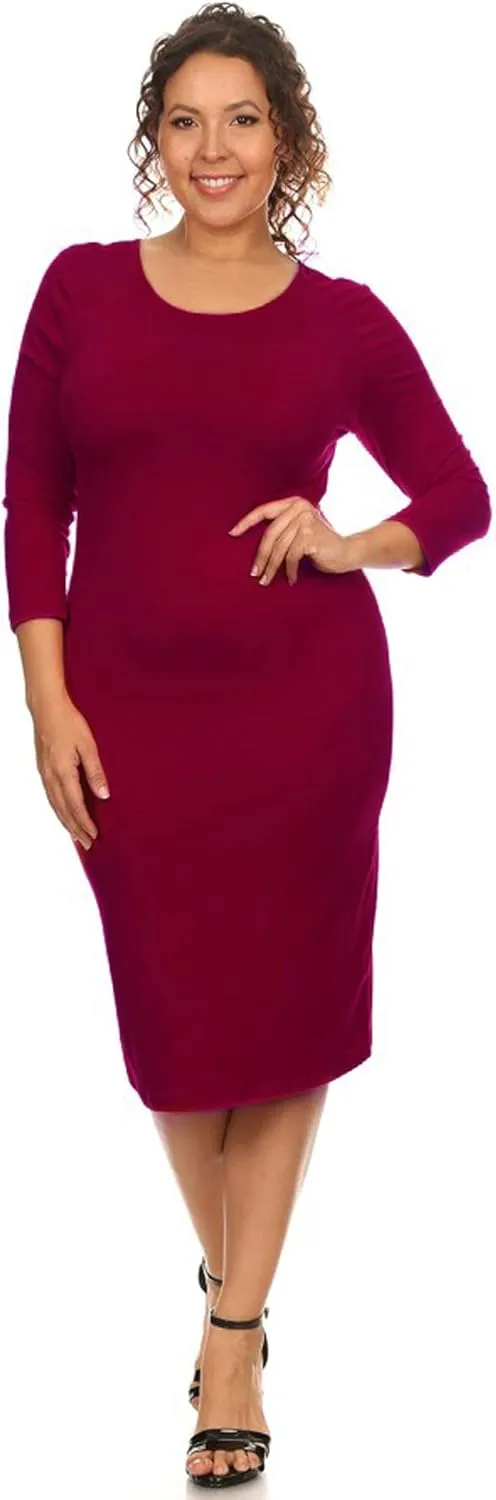 ICONOFLASH Women's 3/4 Sleeves Midi Bodycon Dress Crew Neck Fitted Dresses with Plus Size Options