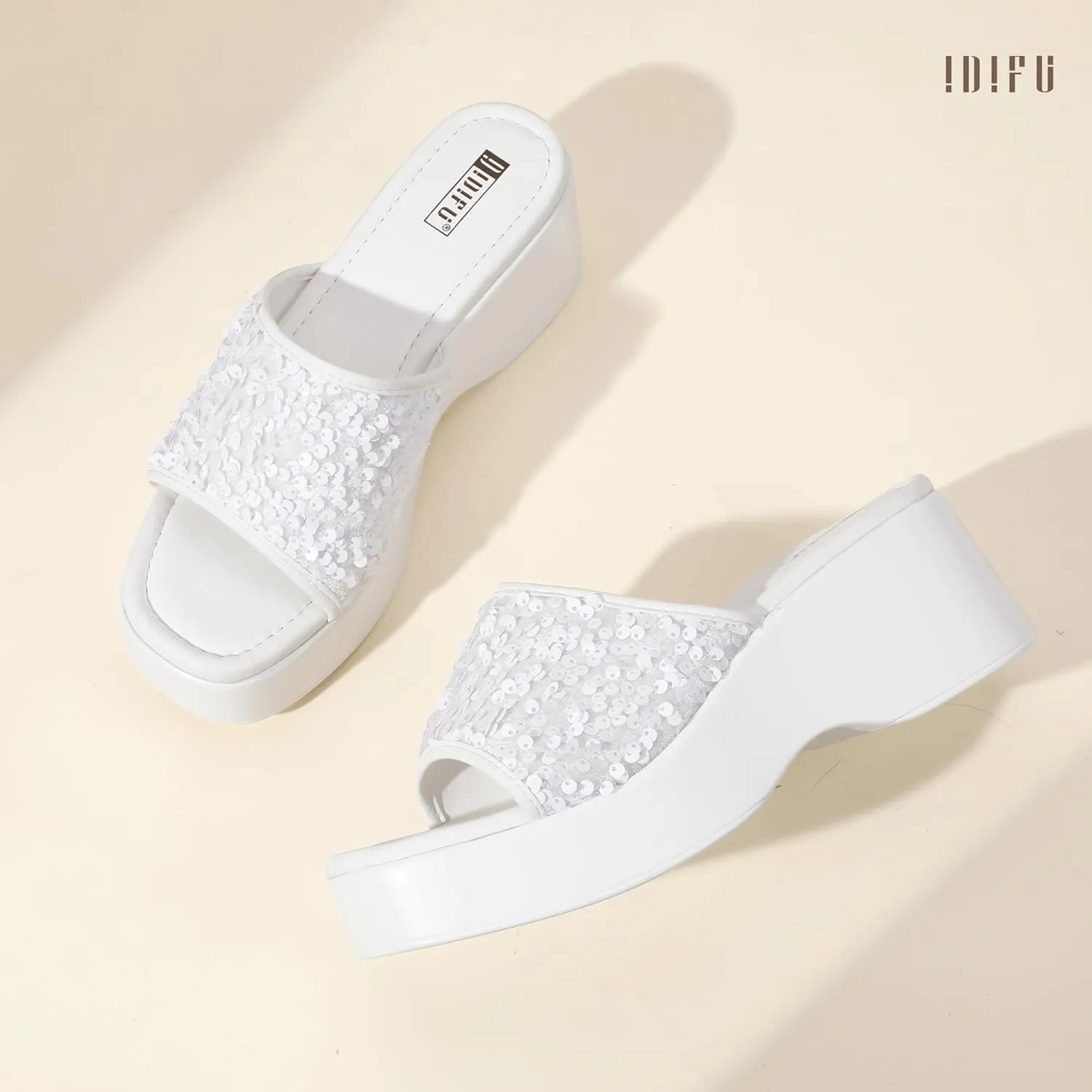 IDIFU IN3 Platform Sandals Wedge Sandals for Women Sparkly Low Chunky Slides Sandals Summer Beach Cute Comfortable Slip On Wedges Square Open Toe Trendy Small Dressy Womens Sandals