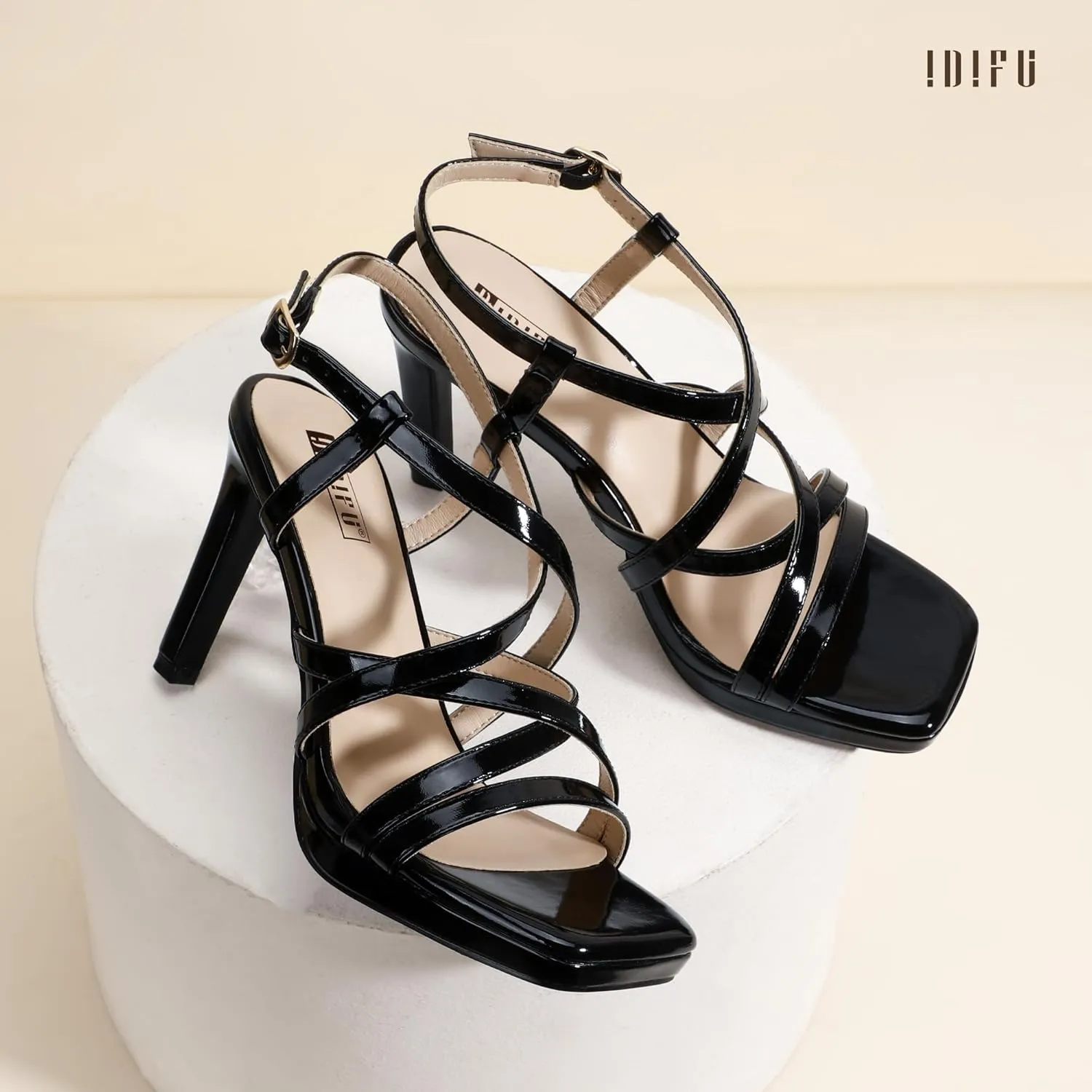 IDIFU IN4 Platform Heels High Strappy Slingback Stiletto Open Square Toe Heel Wedding Bridal Prom Party Heeled Sandals Dress Shoes For Women Comfortable Sexy Fashion Heels