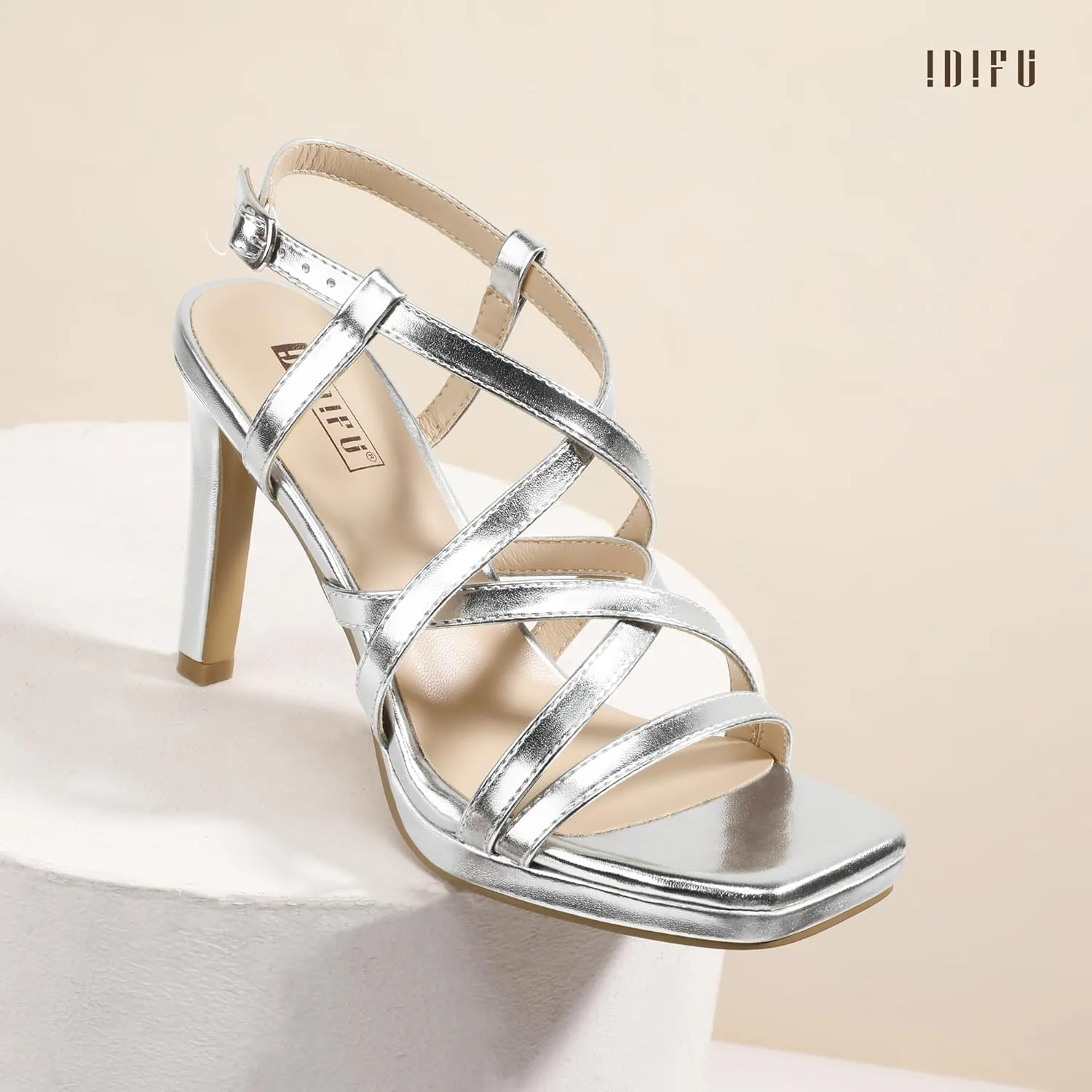 IDIFU IN4 Platform Heels High Strappy Slingback Stiletto Open Square Toe Heel Wedding Bridal Prom Party Heeled Sandals Dress Shoes For Women Comfortable Sexy Fashion Heels