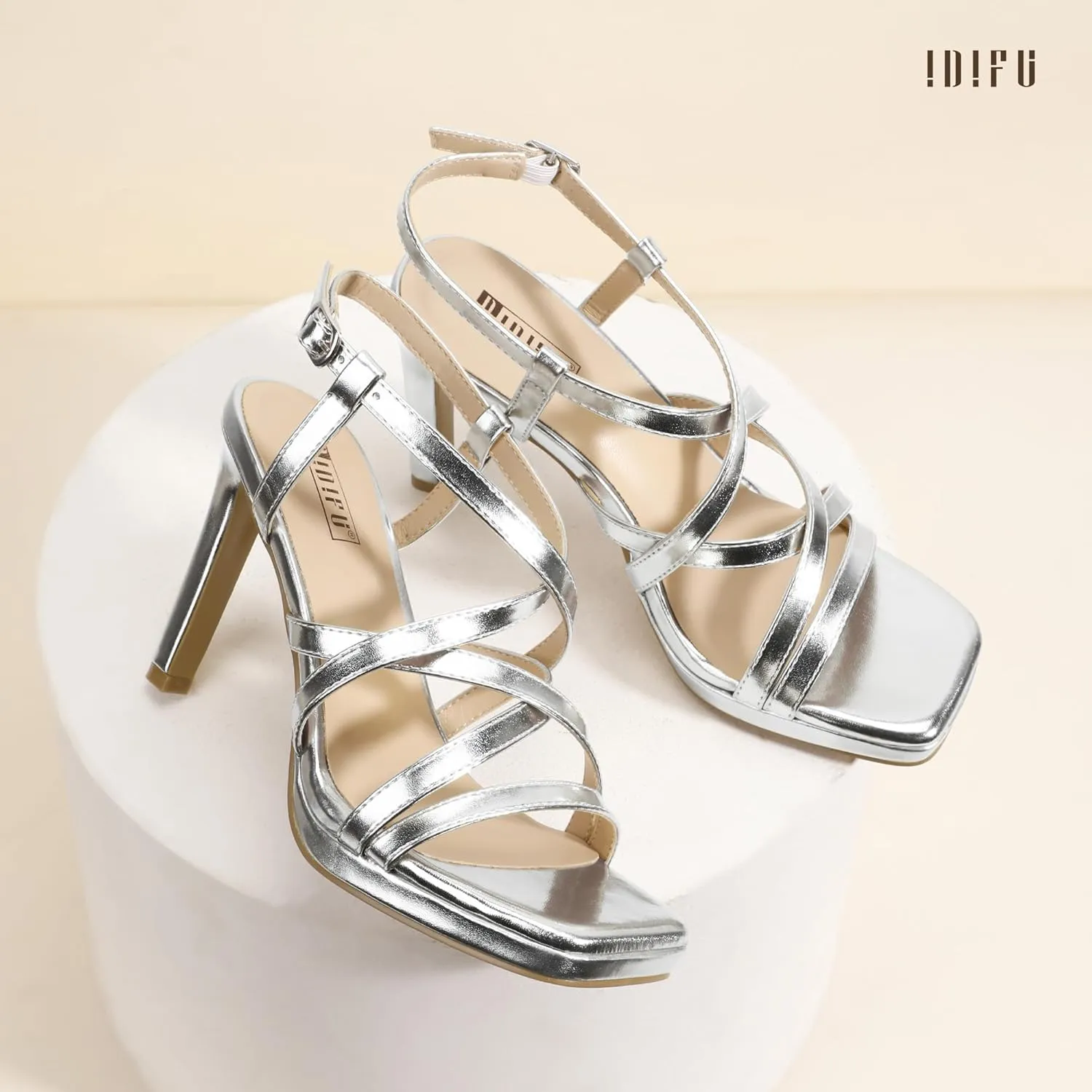 IDIFU IN4 Platform Heels High Strappy Slingback Stiletto Open Square Toe Heel Wedding Bridal Prom Party Heeled Sandals Dress Shoes For Women Comfortable Sexy Fashion Heels