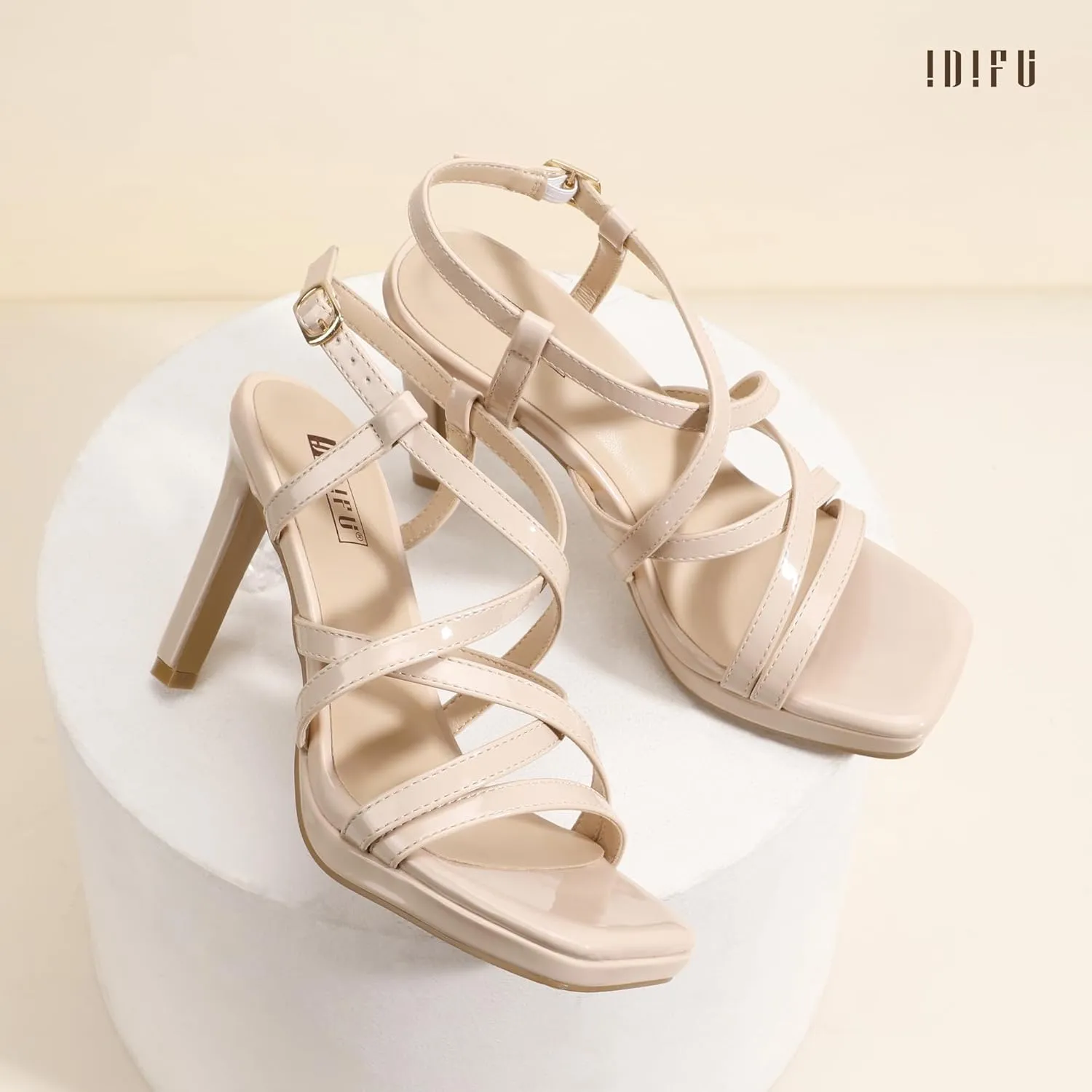 IDIFU IN4 Platform Heels High Strappy Slingback Stiletto Open Square Toe Heel Wedding Bridal Prom Party Heeled Sandals Dress Shoes For Women Comfortable Sexy Fashion Heels