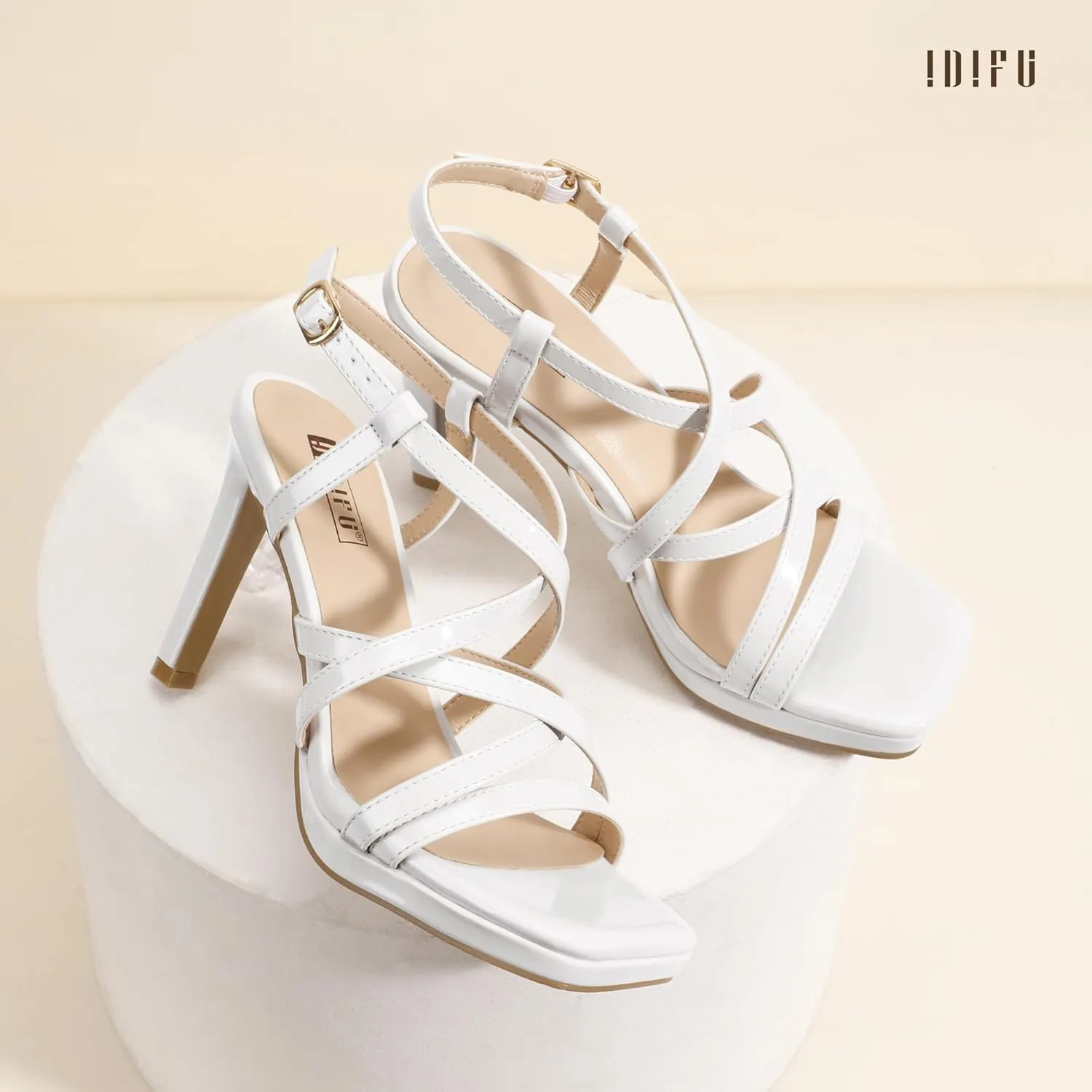 IDIFU IN4 Platform Heels High Strappy Slingback Stiletto Open Square Toe Heel Wedding Bridal Prom Party Heeled Sandals Dress Shoes For Women Comfortable Sexy Fashion Heels
