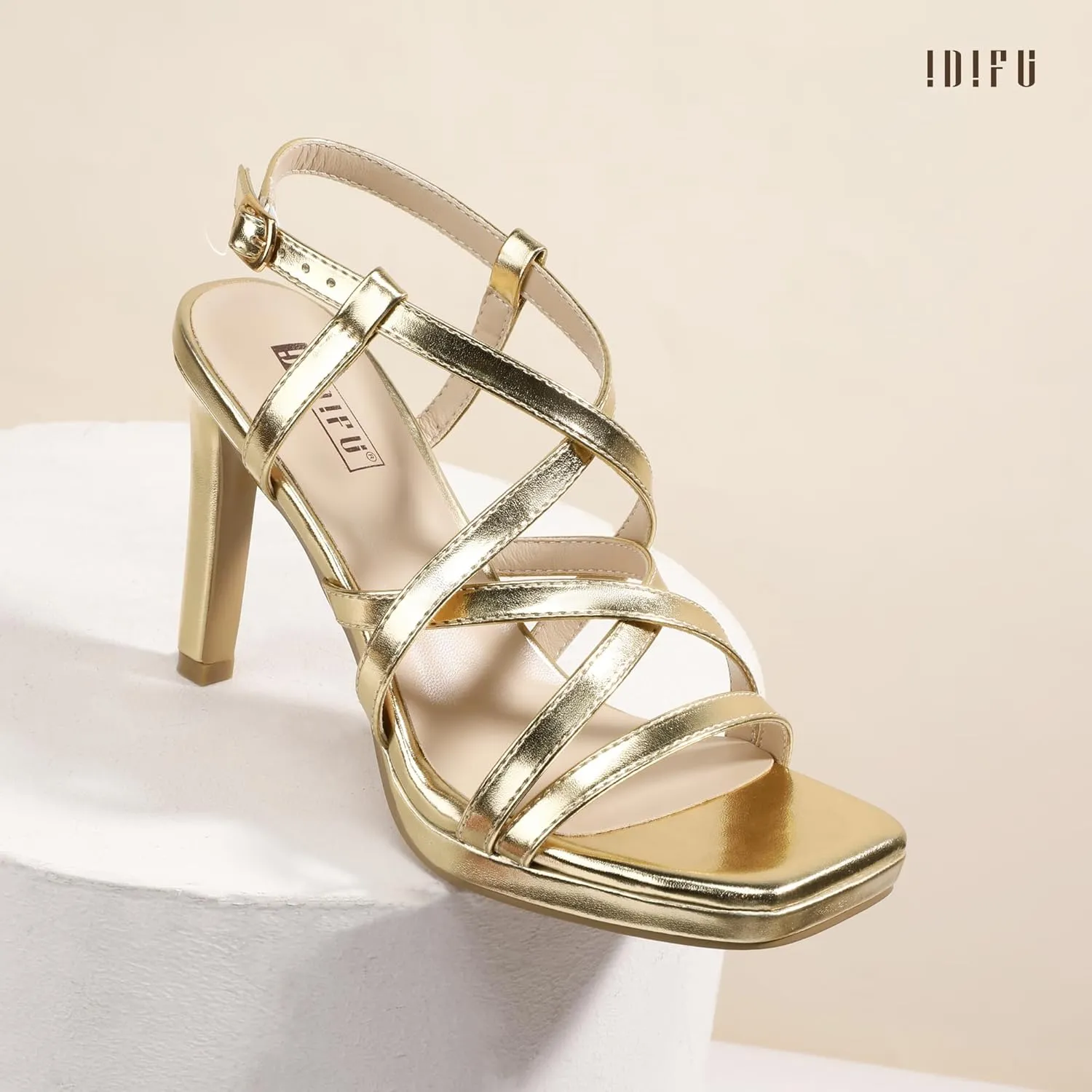 IDIFU IN4 Platform Heels High Strappy Slingback Stiletto Open Square Toe Heel Wedding Bridal Prom Party Heeled Sandals Dress Shoes For Women Comfortable Sexy Fashion Heels