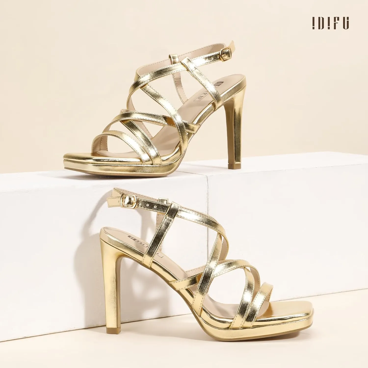 IDIFU IN4 Platform Heels High Strappy Slingback Stiletto Open Square Toe Heel Wedding Bridal Prom Party Heeled Sandals Dress Shoes For Women Comfortable Sexy Fashion Heels