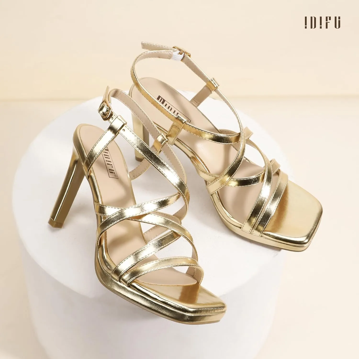 IDIFU IN4 Platform Heels High Strappy Slingback Stiletto Open Square Toe Heel Wedding Bridal Prom Party Heeled Sandals Dress Shoes For Women Comfortable Sexy Fashion Heels