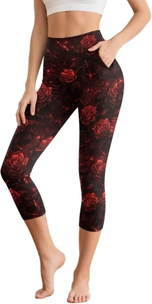 Irisjudy Women's Active Capri Leggings Terror Skull Yoga Pants with Pockets Gothic Rose Bat Stretchy Summer Workout Capris
