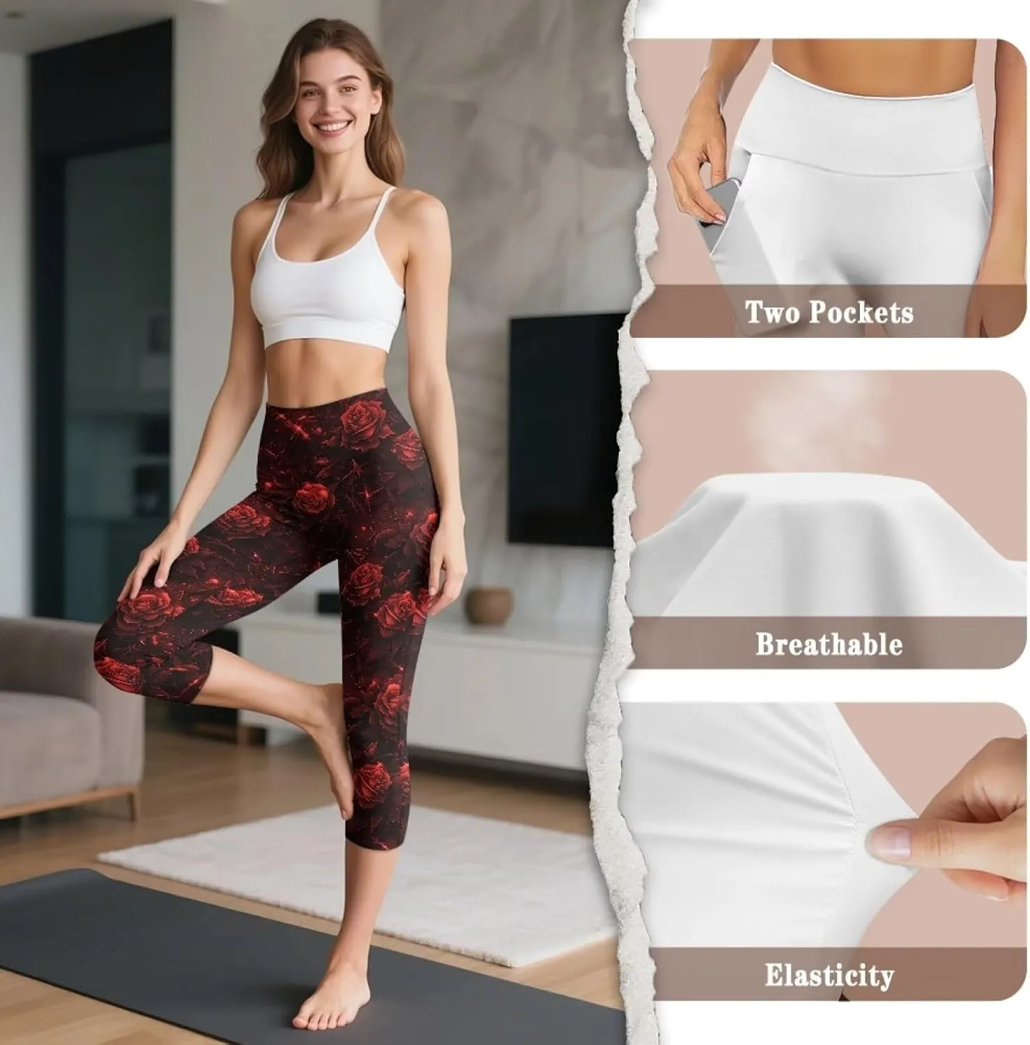 Irisjudy Women's Active Capri Leggings Terror Skull Yoga Pants with Pockets Gothic Rose Bat Stretchy Summer Workout Capris