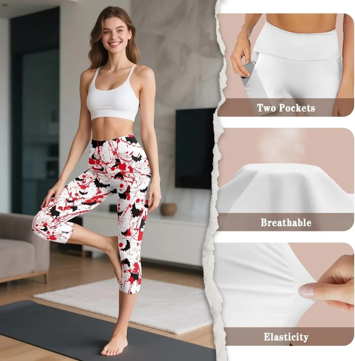 Irisjudy Women's Active Capri Leggings Terror Skull Yoga Pants with Pockets Gothic Rose Bat Stretchy Summer Workout Capris