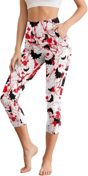 Irisjudy Women's Active Capri Leggings Terror Skull Yoga Pants with Pockets Gothic Rose Bat Stretchy Summer Workout Capris