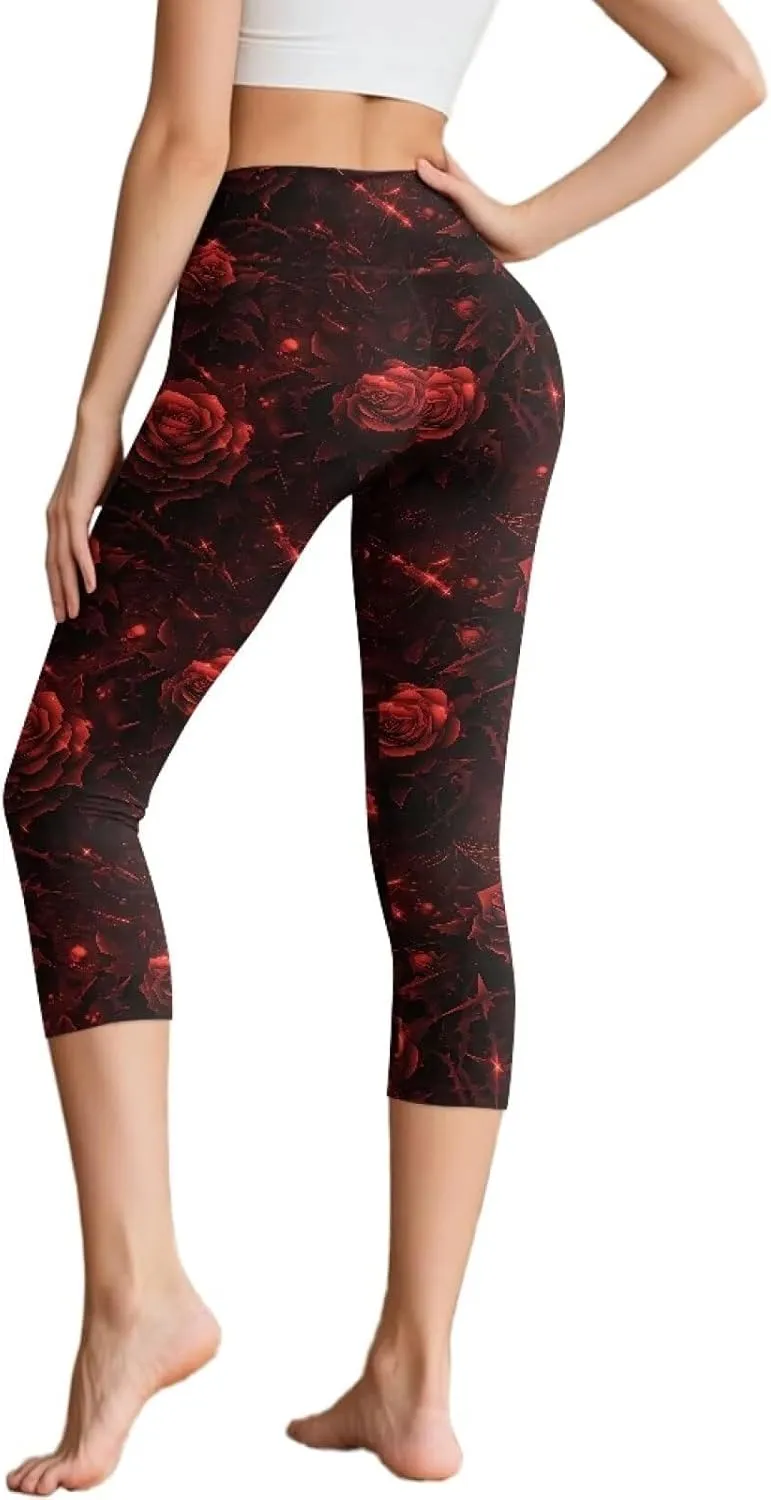 Irisjudy Women's Active Capri Leggings Terror Skull Yoga Pants with Pockets Gothic Rose Bat Stretchy Summer Workout Capris