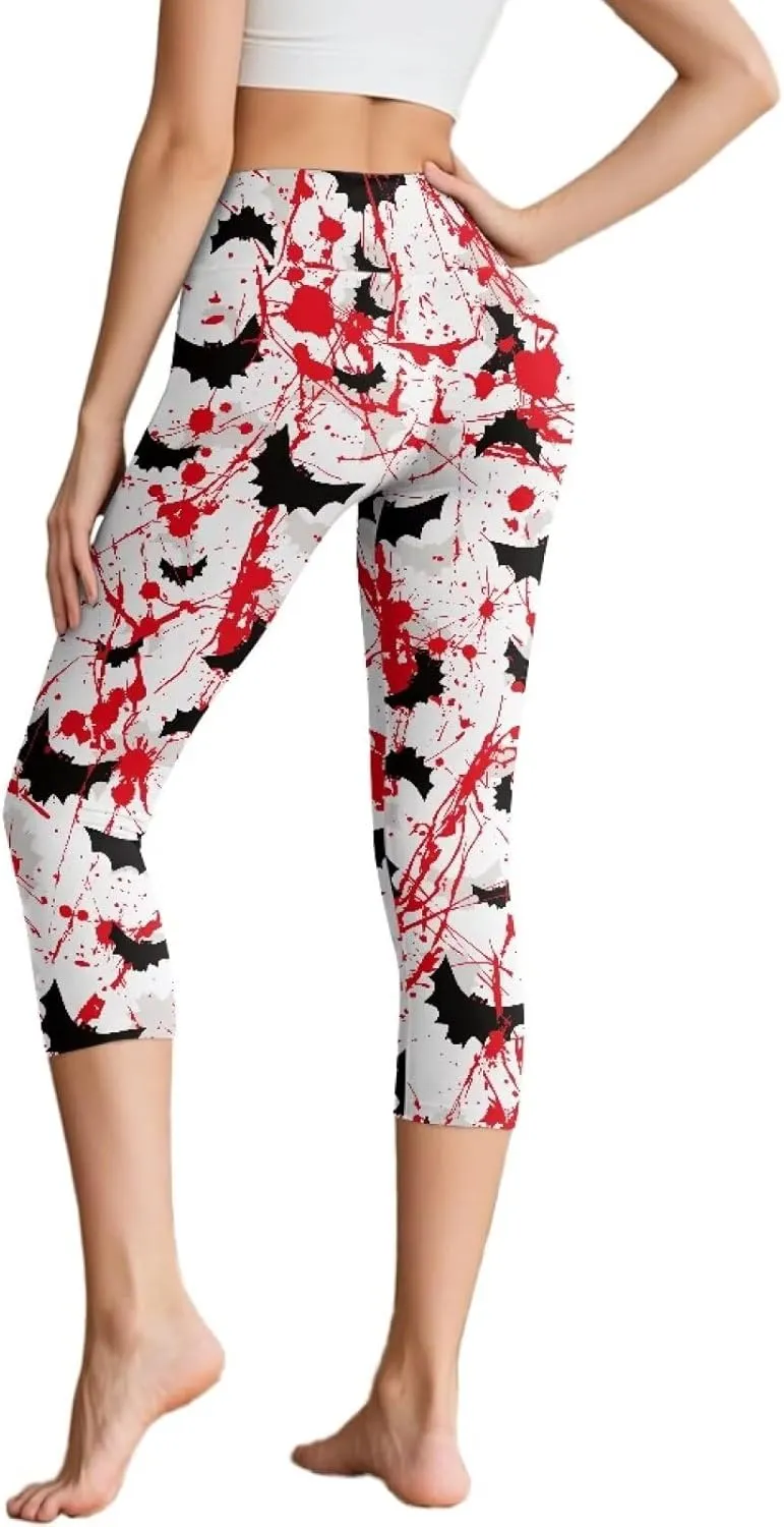 Irisjudy Women's Active Capri Leggings Terror Skull Yoga Pants with Pockets Gothic Rose Bat Stretchy Summer Workout Capris