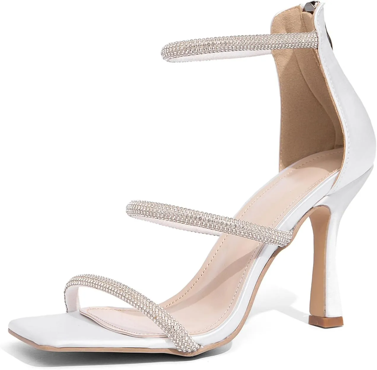 Jeesay Women's Rhinestones Strappy Stiletto High Heels Sandals Square Toe Back Zip Casual Dress Sandals Shoes