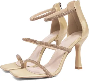 Jeesay Women's Rhinestones Strappy Stiletto High Heels Sandals Square Toe Back Zip Casual Dress Sandals Shoes