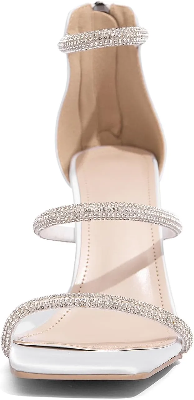 Jeesay Women's Rhinestones Strappy Stiletto High Heels Sandals Square Toe Back Zip Casual Dress Sandals Shoes