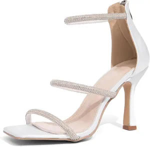 Jeesay Women's Rhinestones Strappy Stiletto High Heels Sandals Square Toe Back Zip Casual Dress Sandals Shoes