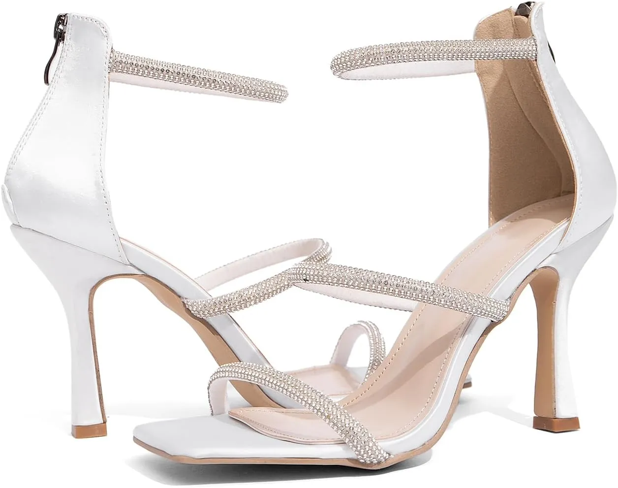Jeesay Women's Rhinestones Strappy Stiletto High Heels Sandals Square Toe Back Zip Casual Dress Sandals Shoes