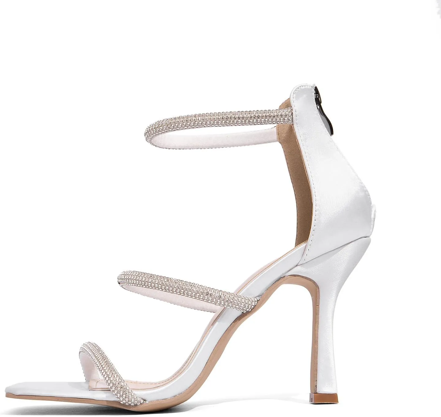 Jeesay Women's Rhinestones Strappy Stiletto High Heels Sandals Square Toe Back Zip Casual Dress Sandals Shoes