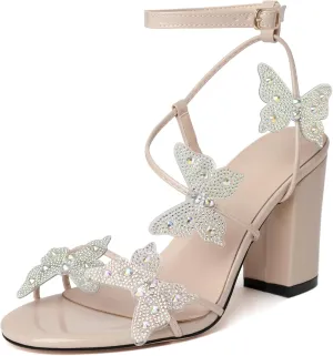 Joseywade Butterfly Heels Heeled Sandals Rhinestone Crystal Butterflies Heels Open Toe Chunky Block High Heels 3.5 Inch Women's Shoes